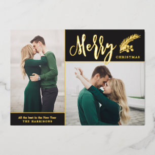 Two Photo Elegant Christmas   Black Foil Holiday Card