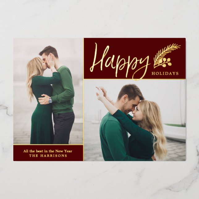 Two Photo Elegant Happy Holidays | Burgundy Foil Holiday Card (Front)