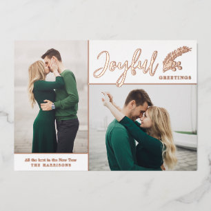 Two Photo Elegant Joyful Greetings   White Foil Holiday Card