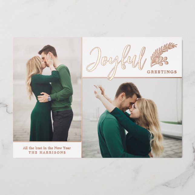 Two Photo Elegant Joyful Greetings | White Foil Holiday Card (Front)