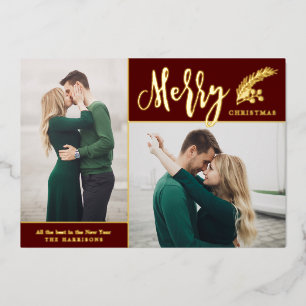 Two Photo Elegant Merry Christmas   Burgundy   Foil Holiday Card