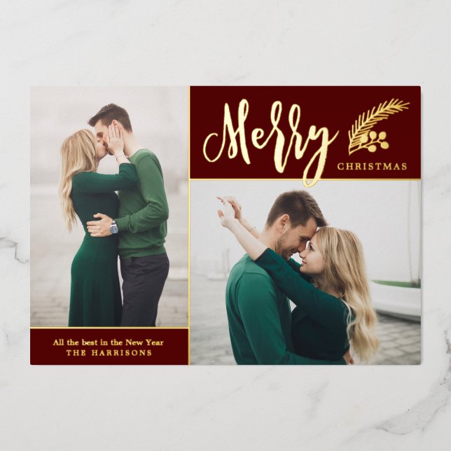 Two Photo Elegant Merry Christmas | Burgundy   Foil Holiday Card (Front)