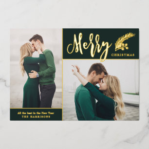Two Photo Elegant Merry Christmas Green Foil Holiday Card