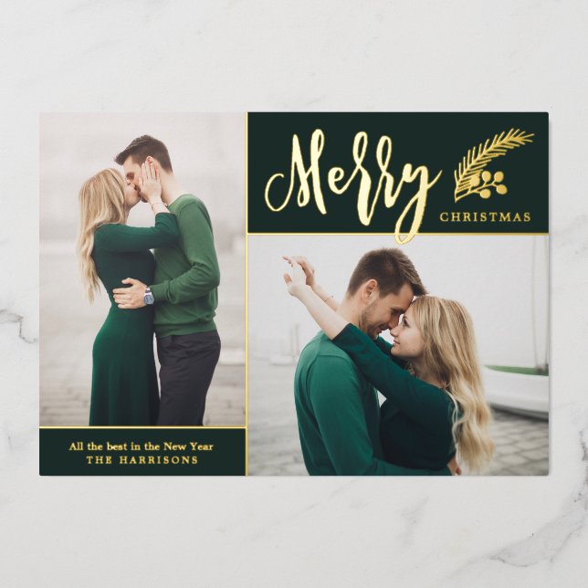 Two Photo Elegant Merry Christmas | Green Foil Holiday Card (Front)