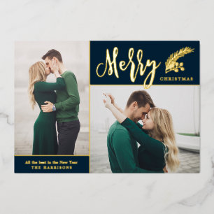 Two Photo Elegant Merry Christmas   Navy Blue   Foil Holiday Card