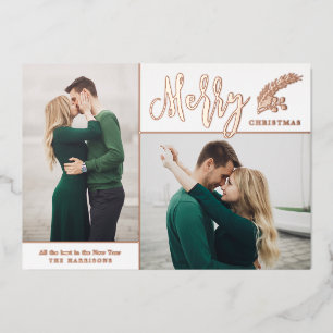 Two Photo Elegant Merry Christmas   White  Foil Holiday Card