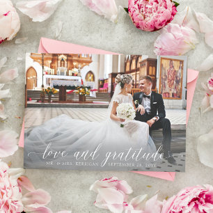 Two Photo Elegant White Script Wedding Thank You Card