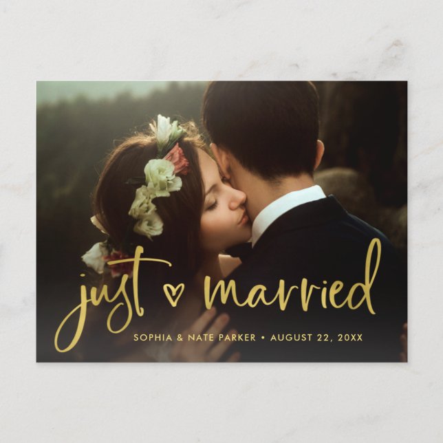 Two Photo | Faux Gold Heart Just Married Announcement Postcard (Front)