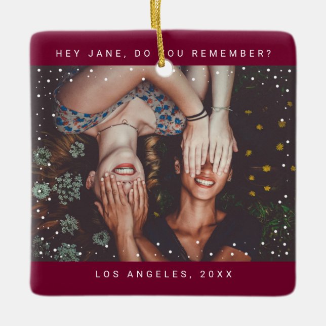 Two Photo Friend Minimalist Holiday Keepsake Ceramic Ornament (Front)