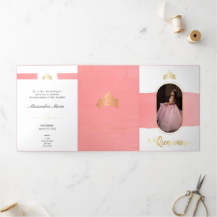 Two Photo Gold and Rose Pink Quinceanera Tri-Fold Invitation