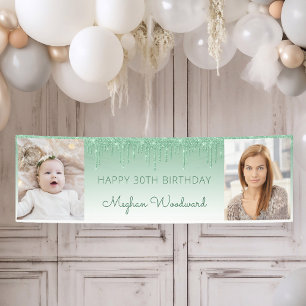 Two Photo Green Dripping Glitter 30th Birthday Banner