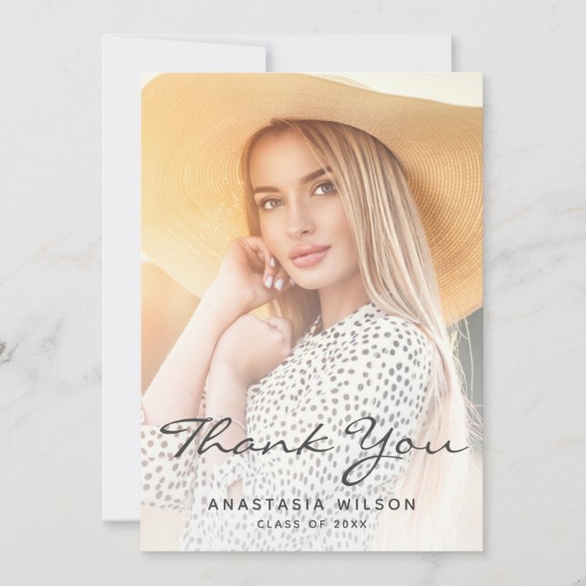 Two-Photo Grey Script Graduation Thank You Card (Front)
