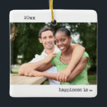 Two Photo Happiness is Being Engaged Minimalist Ceramic Ornament<br><div class="desc">Minimalist ornament with your custom photos and modern typewriter style typography. The design is double-sided and the template is set up ready for you to add your full size photos to the front and back. The year and the wording are fully editable - sample wording reads "happiness is being engaged"....</div>