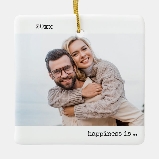Two Photo Happiness is Being Married Minimalist Ceramic Ornament (Front)