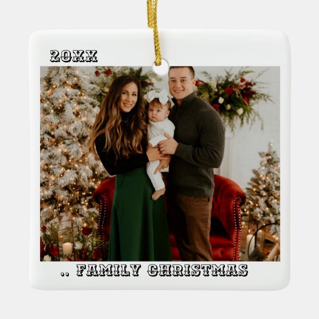 Two Photo Happiness is Family Christmas Minimalist Ceramic Ornament (Front)