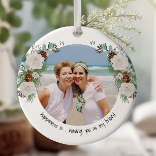 Two Photo Happiness is You Friend Rose and Pine Ceramic Tree Decoration