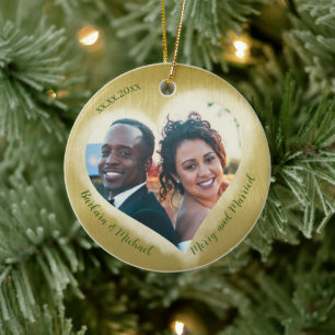 Two Photo Merry & Married Date Heart Ceramic Tree Decoration