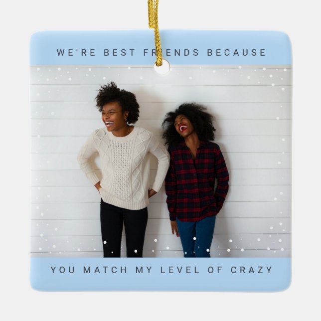 Two Photo Minimalist Best Friend Snowfall Holiday Ceramic Ornament (Front)
