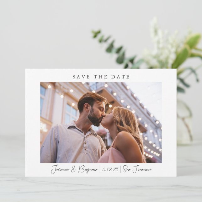 Two Photo Minimalist Modern Script Elegant Wedding Save The Date (Standing Front)