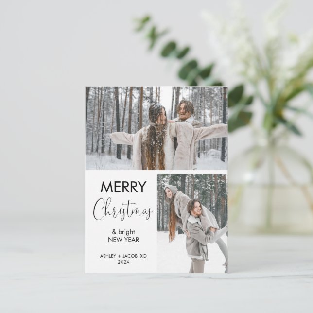 Two Photo Modern Minimalist Merry Christmas Postcard (Standing Front)