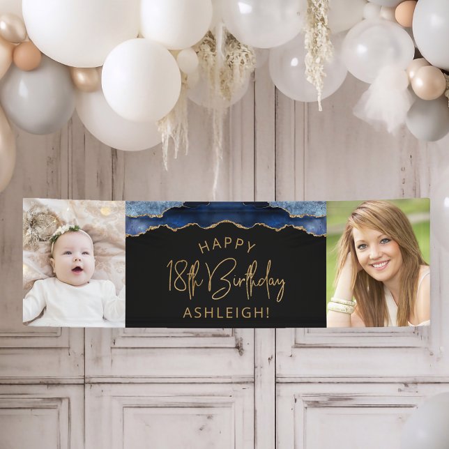 Two Photo Navy Blue Gold Agate 18th Birthday Banner (Creator Uploaded)
