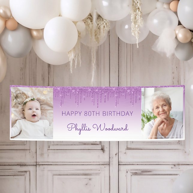 Two Photo Purple Dripping Glitter 80th Birthday Banner (Creator Uploaded)