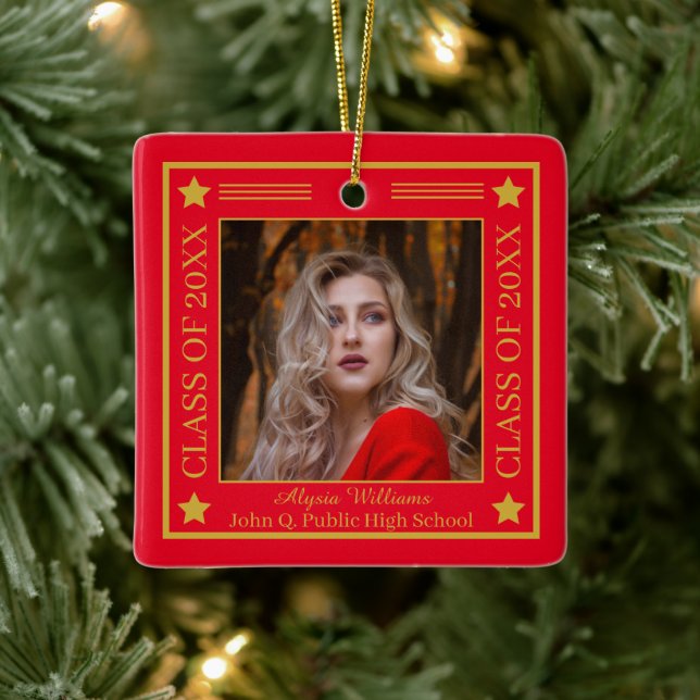 Two Photo Red | Gold Class Year Graduation Ceramic Ornament (Tree)