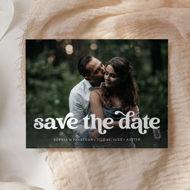 Two Photo | Retro Boho Typography Save the Date Announcement Postcard (Creator Uploaded)