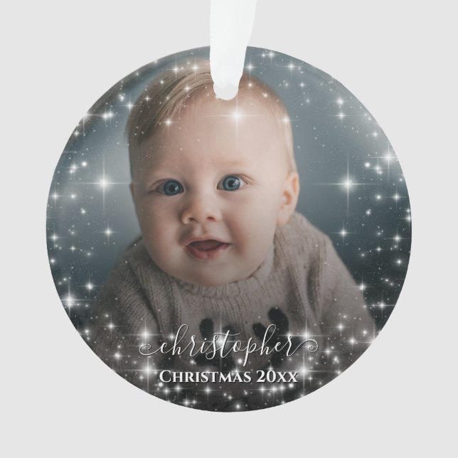 Two Photo Sparkle Frame with Names Christmas Ornament (Front)
