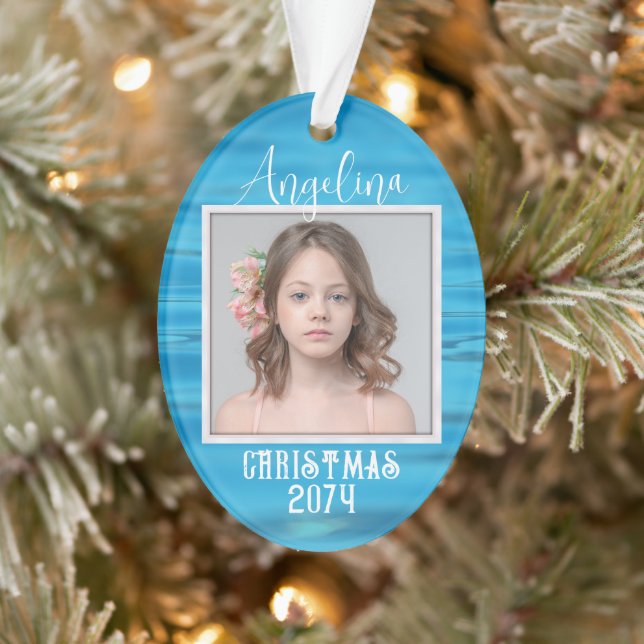 Two Photo Water Background Oval Christmas Ornament (Tree)