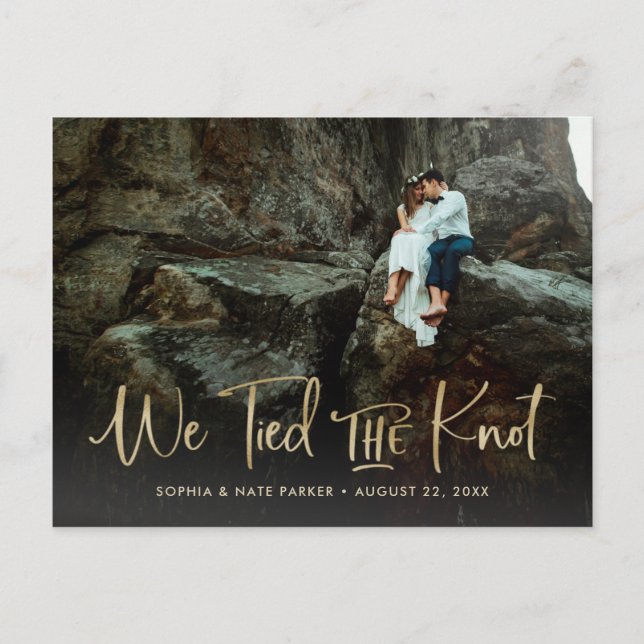Two Photo | We Tied the Knot Handwritten Script Announcement Postcard (Front)