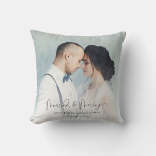 Two Photo Wedding Name Date Overlay Cushion