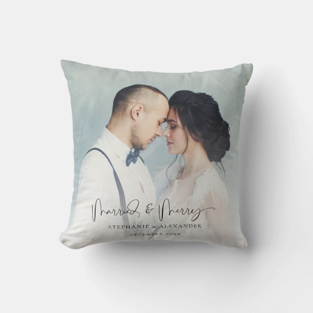 Two Photo Wedding Name Date Overlay Cushion (Front)