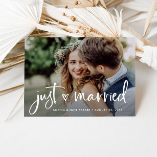 Two Photo   White Heart and Script Just Married Announcement Postcard