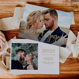 Two Photo with Faux Gold Script   Engagement Party Invitation