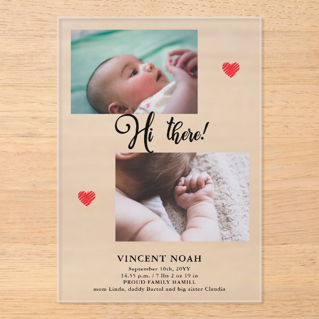 Two Photos Birth Announcement Frosted Acrylic Card (Front)
