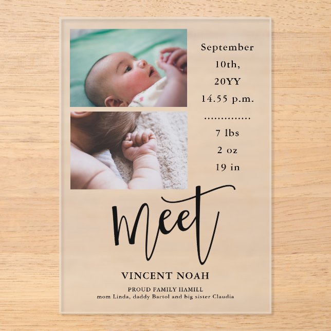 Two Photos Birth Announcement Frosted Acrylic Card (Front)