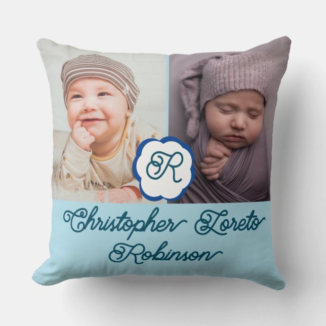 Two Photos & Complete name & Monogram Baby boy Thr Cushion (Front)