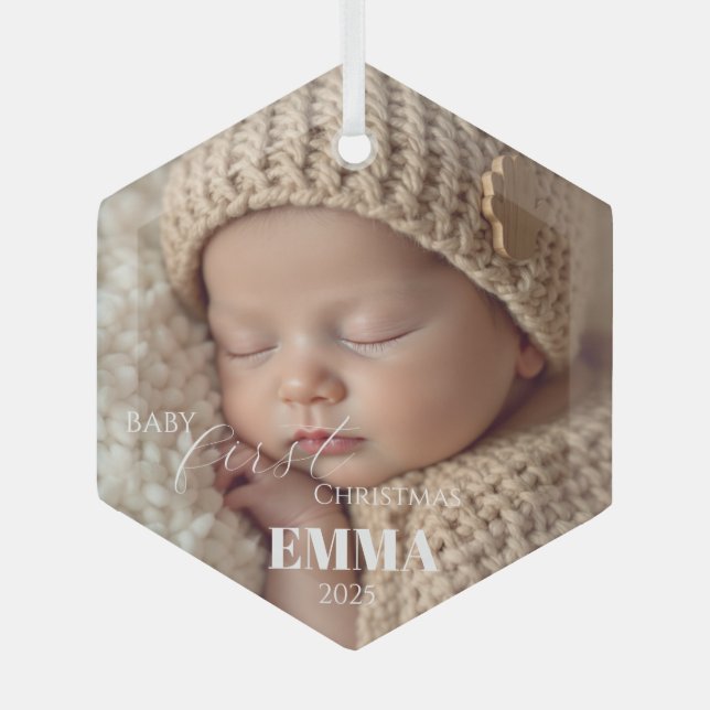 Two Photos Minimalist Baby First Christmas Glass Tree Decoration (Front)