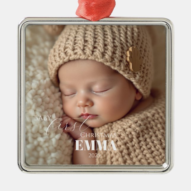 Two Photos Minimalist Baby First Christmas Metal Tree Decoration (Front)