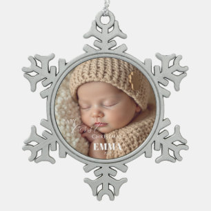 Two Photos Minimalist Baby First Christmas Snowflake Pewter Christmas Ornament