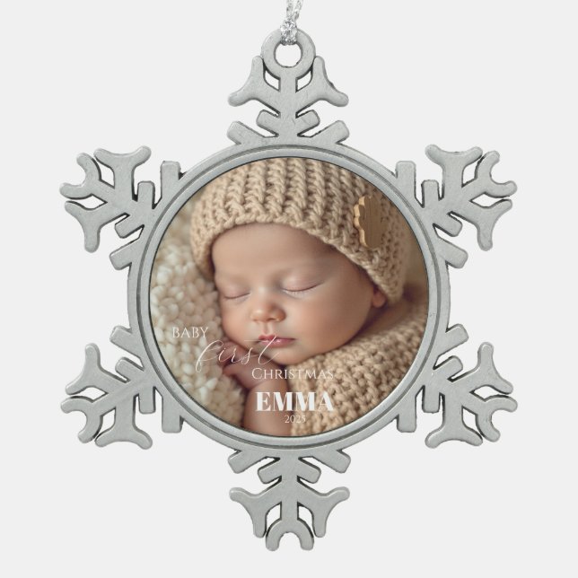Two Photos Minimalist Baby First Christmas Snowflake Pewter Christmas Ornament (Front)
