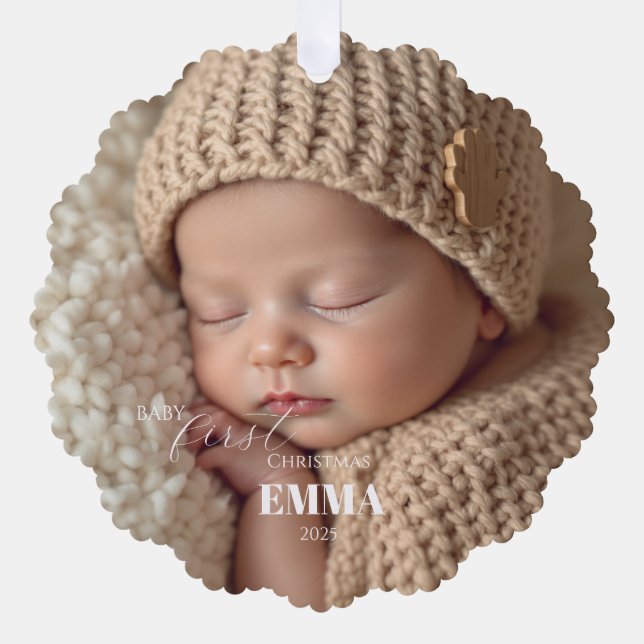 Two Photos Minimalist Baby First Christmas Tree Decoration Card (Front)