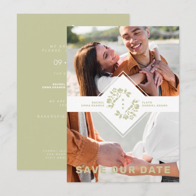 Two Photos Minimalist Floral Collage Wedding Save The Date (Front/Back)