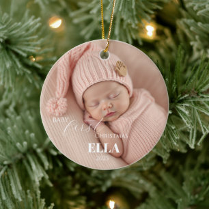 Two Photos Minimalist Pink Baby First Christmas Ceramic Tree Decoration
