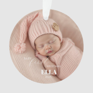 Two Photos Minimalist Pink Baby First Christmas Ornament