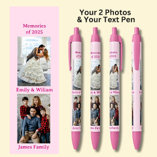 TWO Photos, Name Date, your Text on Pink, Pink Black Ink Pen