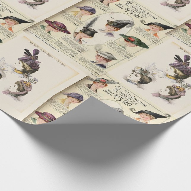 Two Picture Pattern Vintage French Hats Gift Wrap (Corner)