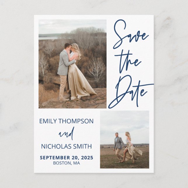Two Picture Save The Date Postcard in Navy (Front)