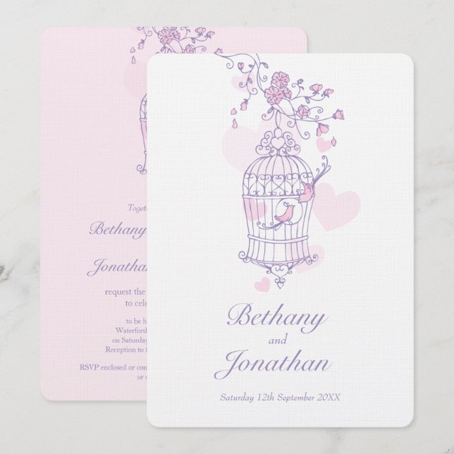 Two pink birds open birdcage hearts wedding invitation (Front/Back)